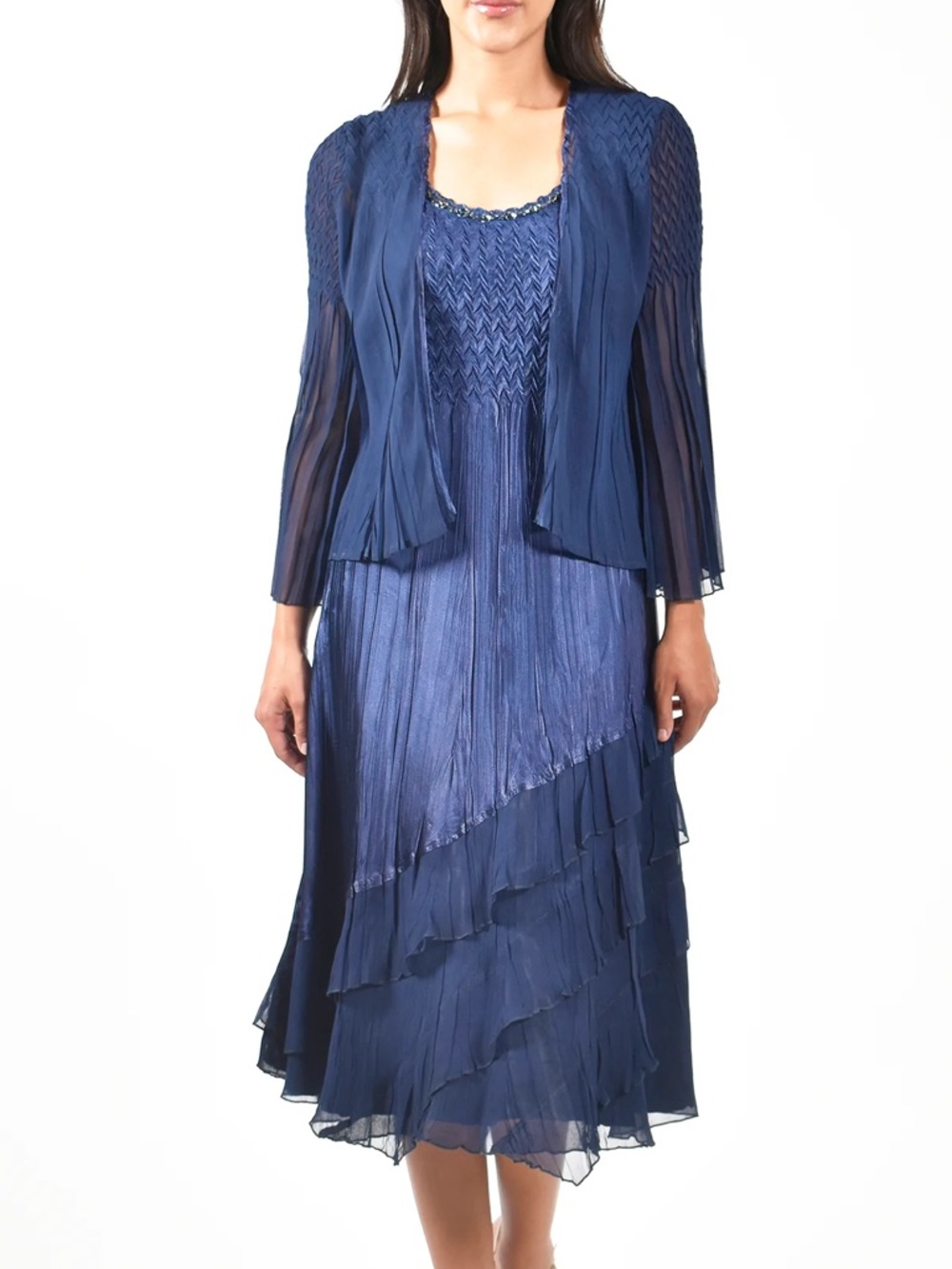 Komarov Midnight Navy Pleated Charmeuse Dress Large